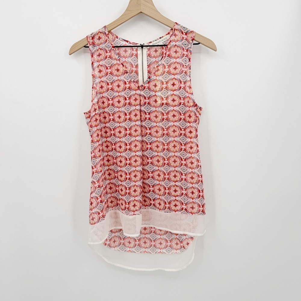 Daniel Rainn Geometric Medallion Sleeveless Sheer Blouse Back Zip S Boho Summer